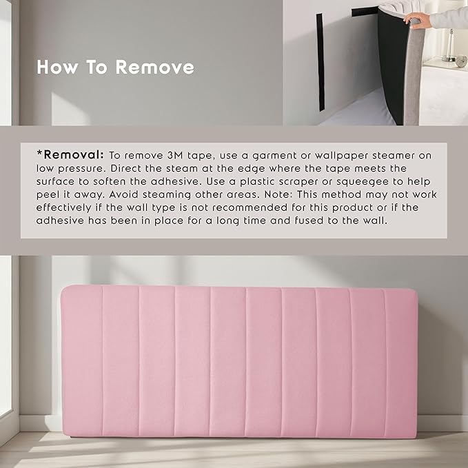 Hearth & Harbor Upholstered Full Headboard - Easy Assemble Channel Stitched Headboard Full Size - Wall Mounted Headboards with 3D Soundproof Wall Panels Peel & Stick Floating Headboards, Pink