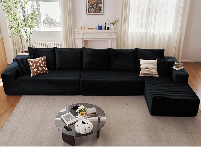166.9" Cloud Sectional Couch with L-Shape Chaise, Upholstered Corduroy Couches Sleeper with Deep Seat, Modern Modular Comfy Sofa Chaise Longue for Living Room Bedroom, No Assembly Required, Black
