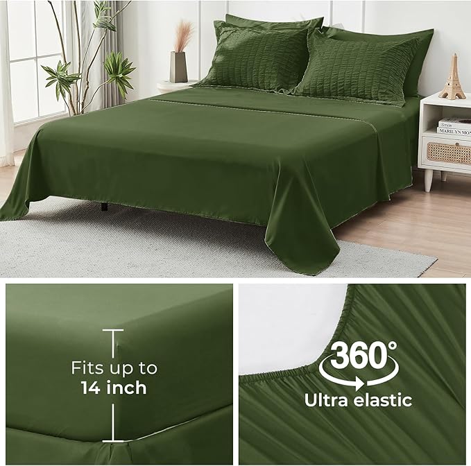 HYMOKEGE Olive Green Twin Comforter Set Seersucker 5 Pieces, All Season Luxury Bed in a Bag for Bedroom, Bedding Set with Comforter, Sheets, Pillowcase & Sham