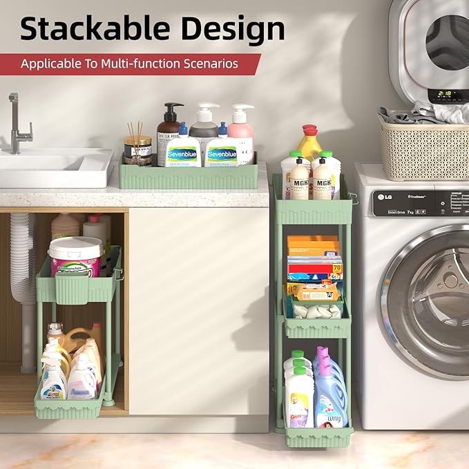 Under Sink Organizer, Bathroom Organizers and Storage, 2 Tier Multi-Use Pull Out Cabinet Organizer with Hang Hooks and Cups (Green, 4 Pack)