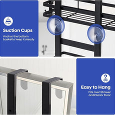 Over the Door Shower Caddy Hanging, Rustproof Shower Shelves with Waterproof Phone Pouch, 2-Tier Adjustable Bathroom Organizers and Storage, No Drilling Shower Shelf, Black Shampoo Soap Holder