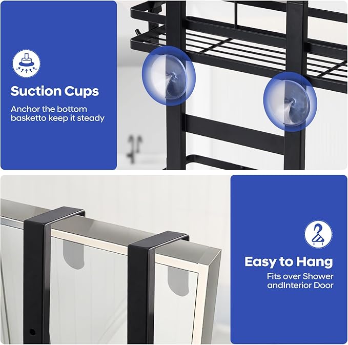 Over the Door Shower Caddy Hanging, Rustproof Shower Shelves with Waterproof Phone Pouch, 2-Tier Adjustable Bathroom Organizers and Storage, No Drilling Shower Shelf, Black Shampoo Soap Holder