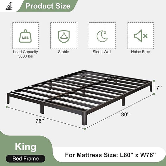 7 Inch Low Profile King Bed Frame with Rounded Corner Legs, 2000 LBS Heavy Duty Metal King Size Platform Bed Frame No Box Spring Needed, Easy Assembly, Black