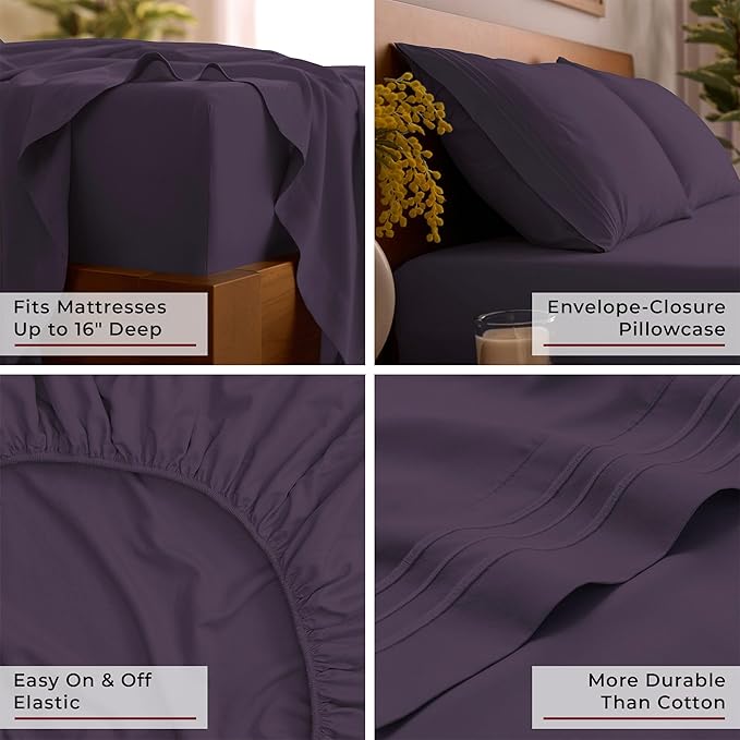 Mellanni Full Sheet Set - 6-Piece Iconic Collection Bedding, (Including 4 Pillowcases), 16-Inch Deep Pocket, Easy Care, Extra Soft, Cooling Sheets, Brushed Microfiber - Purple