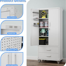 SUXXAN Rolling Storage Cabinet with 2 Doors and 2 Drawers, Heavy Duty Metal Storage Cabinet with Shelves, Locking Steel Cabinet for Warehouse, Home, Office (White)