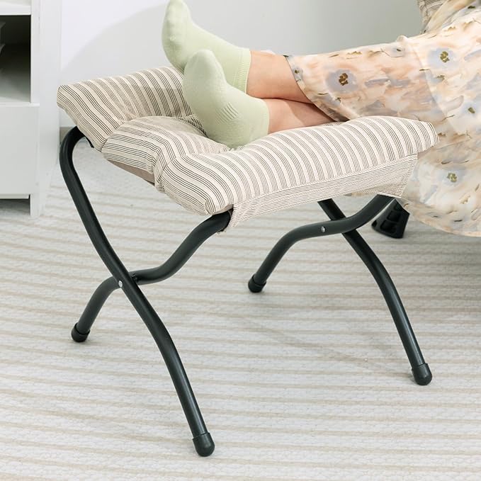 HollyHOME Lazy Chair with Foldable Ottoman, Accent Comfy Lounge Armchair and Folding Footrest Stool, Leisure Sofa Reading Chair and Footstool for Living Room, Bedroom, Dorm,Beige Stripe