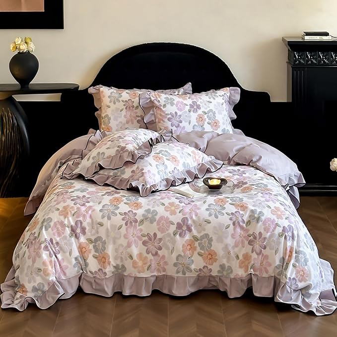 HighBuy Aesthetic Floral Duvet Cover Set King Ruffle Vintage,100% Brushed Cotton Coquette Ruffle Bedding Set,Purple Blush Flowers Bedding Set,Duvet Cover with 2 Pillowcases (20"x36")