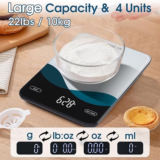 AIMILAR Smart Kitchen Scale - 10kg/22lb Rechargeable Food Scale with Nutritional Calculator, Calorie Counting, Tare Function, USB-C Charging, in g/lb:oz/oz/ml, LED Display, Tempered Glass