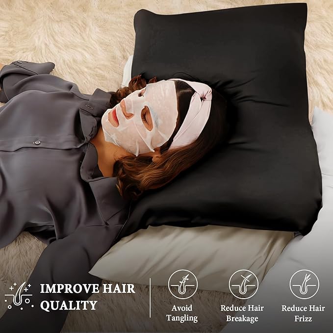 BHZ Black Satin Goose Down Feather Pillows Queen Size with Black Satin Pillowcase for Hair and Skin, Cooling Pillow Cases Similar to Silk Pillow Cases, Decorative for Women, Mom Men