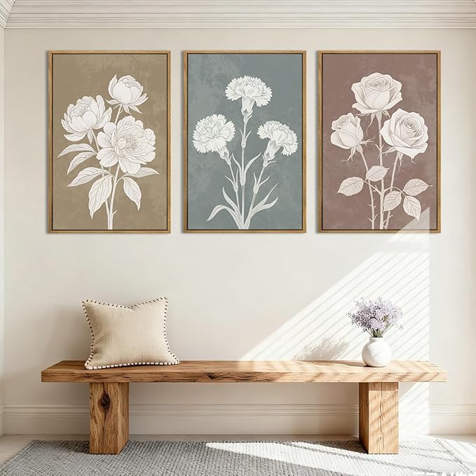 BINCUE Boho Floral Wall Painting Framed Botanical Wall Art Decor Flower Print for Living Room Bedroom Dining Room 16" Lx24 W Set of 3