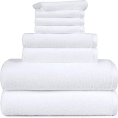 Amazon basics 100% cotton Lightweight quick-dry bath towel set, 8-piece, white, 10