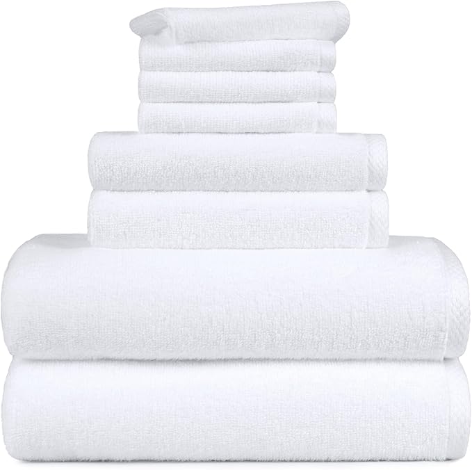 Amazon basics 100% cotton Lightweight quick-dry bath towel set, 8-piece, white, 10" x 7"