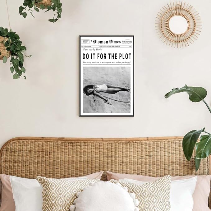 Vintage Women Times Do It for The Plot Wall Art Trendy Black and White Canvas Print Poster Vintage Woman Times Newspaper Prints Beachy Hot Girl Wall Decor for Bar Cart Girls Dorm Bedroom 24x36inch black framed
