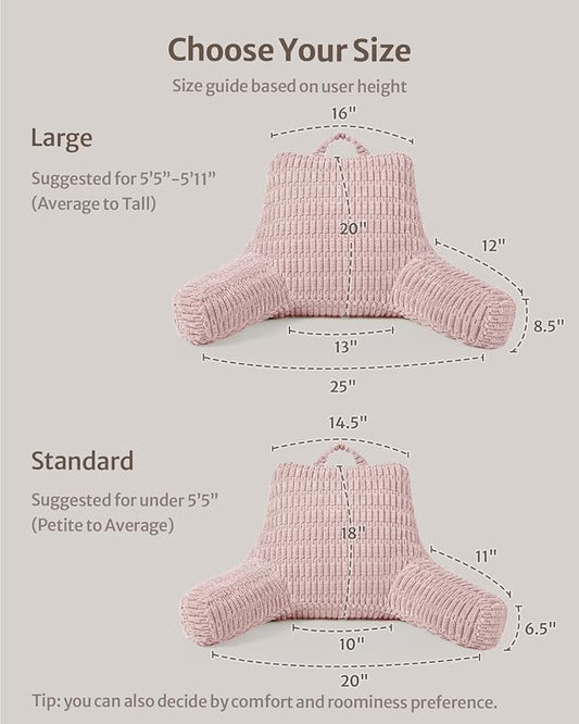 Blissful Diary Reading Pillow, Large Backrest Pillow with Shredded Memory Foam for Adult & Children, Designed for Bed and Couch Sitting Up, Includes Arms, Pockets and Washable Cover, Pale Pink