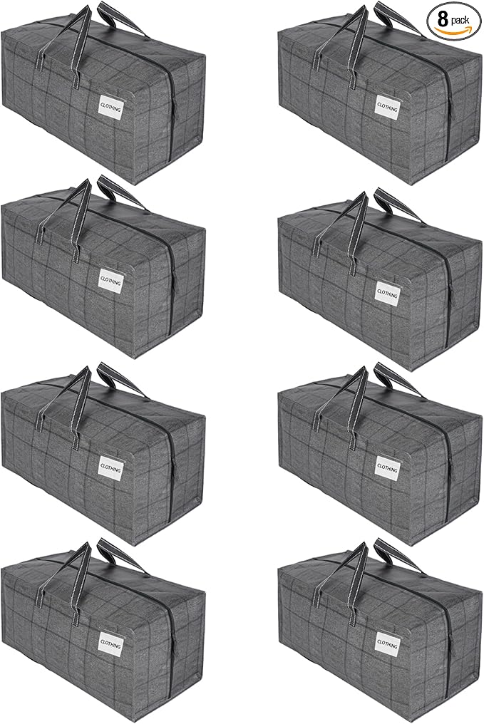 VENO 8 Pack Moving Bags w/Backpack Straps, Heavy Duty, Moving Boxes Alternative, Packing Supplies, Large Storage Totes for Dorm Room Essentials with Zipper for Clothes (Windowpane, 8 Pack)
