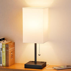 White Medium Table Lamp with USB Ports - 3 Color Temperature Bedside Lamp for Bedroom, Pull Chain Control, USB A and C Ports, 2 AC Outlets, Bulb Included