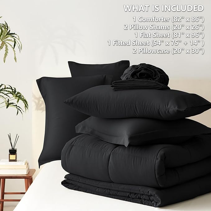 CozyLux Full Size Comforter Sets Black - 7 Pieces Bed in a Bag Full, Oeko-Tex Certified Bed Set, All Season Soft Bedding Set with Down Alternative Comforter, Sheets, Pillowcases & Pillow Shams