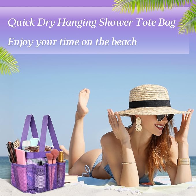 Hillban 4 Pcs Mesh Shower Caddy Portable Large Quick Dry Shower Caddy Basket with Deeper 8 Pockets and 2 Handles Hanging Bag for College Dorm Room(Blue, Purple, Black, Gray)