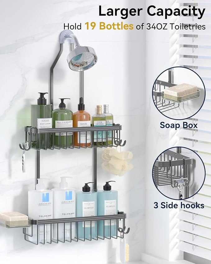 YASONIC Shower Caddy Hanging, Never Rust Shower Organizer Hanging, Aluminum Shower Racks for Inside Shower with Hooks for Razor, Bathroom Organizers and Storage with Soap Holder, Grey