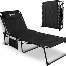 VILLEY Oversized Padded Chaise Lounge with Cushion, Foldable Camping Cot, Patio Reclining Lounge Chairs, Folding Sleeping Bed for Outdoor, Indoor, Backyard, Garden, Camping, Relaxing, Beach Tanning