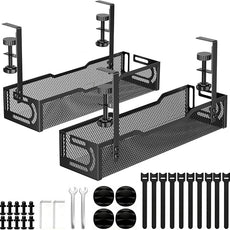 2Pack Under Desk Cable Management Tray, No Drill Mesh Desk Cable Tray, Wire Management Tray Cable Management Rack, Wire Organizer and Cable Management Box (Black)