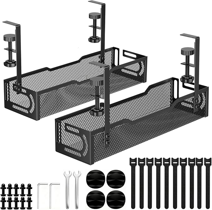 2Pack Under Desk Cable Management Tray, No Drill Mesh Desk Cable Tray, Wire Management Tray Cable Management Rack, Wire Organizer and Cable Management Box (Black)
