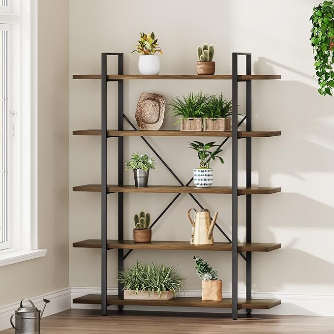 HSH Industrial Wood and Metal 5 Tier Bookshelf, Large Tall Open Rustic Wide Etagere Bookcase, Vintage Farmhouse Modern Wooden Big Book Shelf for Home Living Room Bedroom Office Storage, Rustic Oak