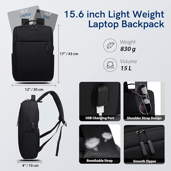 VGOAL Laptop Backpack fit 15.6 inch, Commuting Business Bag Lightweight Casual Daypack with USB Charging Port for Business, Travel, Daily Use