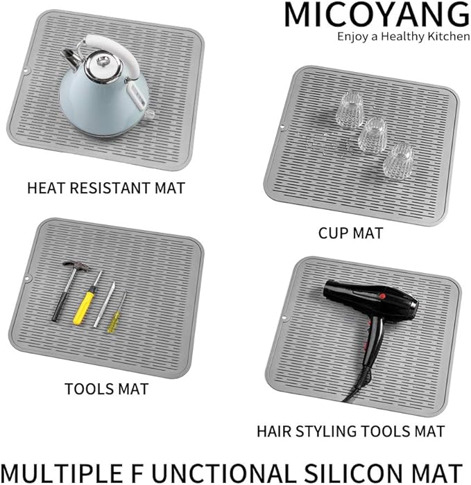 Silicone Dish Drying Mat for Multiple Usage,Easy clean,Eco-friendly,Heat-resistant Silicone Mat for Kitchen Counter or Sink,Refrigerator or Drawer Liner Grey XL 18 inches x 16 inches