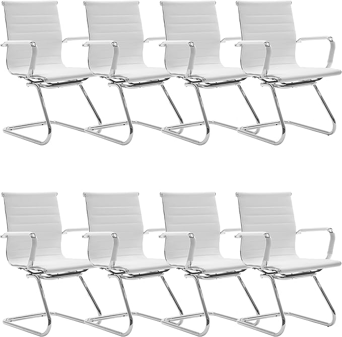 White Office Desk Chair No Wheels Set of 8 PU Leather Computer Chairs Mid Back Guest Chairs for School Reception Conference Waiting Room, White