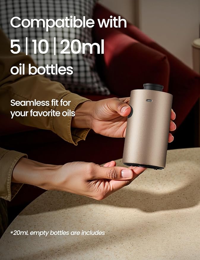 Waterless Essential Oil Diffuser, Rechargeable Scent Diffusers with 3 Mist Levels & Timers, Portable Aromatherapy Diffuser for Home Car Room Studio Office, Desert Titanium