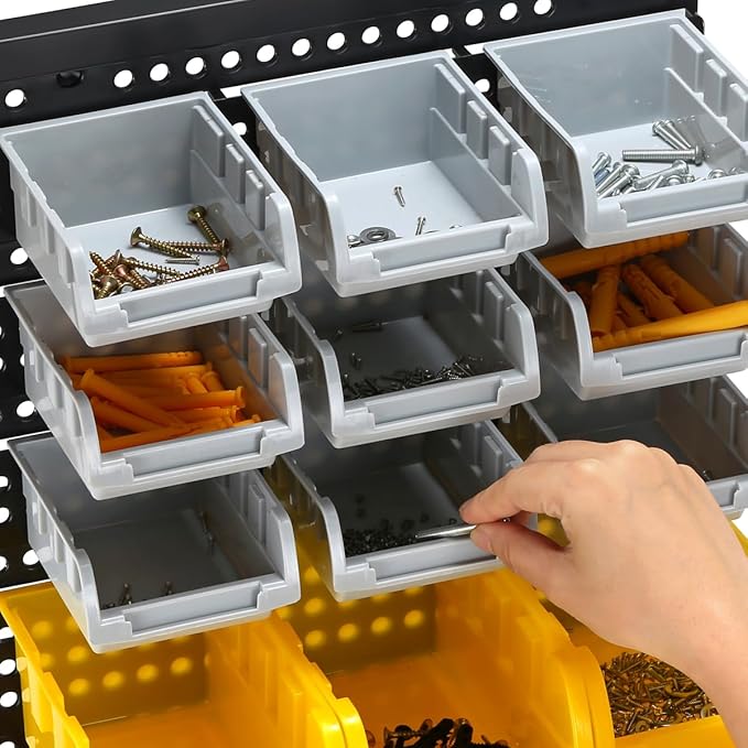 30-Bin Wall Mounted Storage Bins Kit, Tool Organizer Rack, 3 Color Parts Storage Bins, Garage Hardware Organizer, DIY Combination