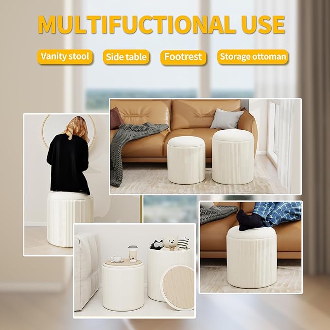 Twira Round Ottoman with Storage Set of 2, Velvet Nesting Ottoman for Living Room,Bedroom,Dorm,RV, Flip-up Lid Coffee Table, Upholstered Makeup Vanity Stool,Multifunctional Foot Rest 330lbs Load Beige