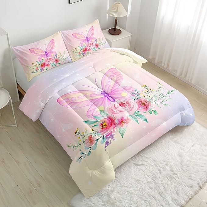 CVHOUSE Butterfly Comforter Set King for Girls Women - 3 Piece Bedding Set With 1 Comforter and 2 Pillowcases - Butterflies Bedspread, Duvet, Quilt Set
