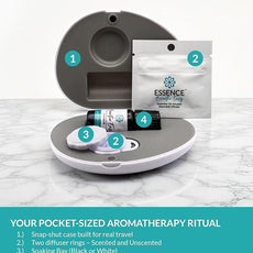 Essence Pearl Travel Case - Wearable Aromatherapy Kit with Nasal Diffuser Rings, Soaking Bay, and 5mL Essential Oil – Portable Wellness Gift Set for On?The?Go Self Care