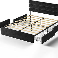 WLIVE Queen Size Upholstered Bed Frame with 4 Storage Drawers and Headboard, Velvet Platform Bedframe, Sturdy Metal & Wooden Slats Support, No Box Spring Needed, Easy Assembly, Black