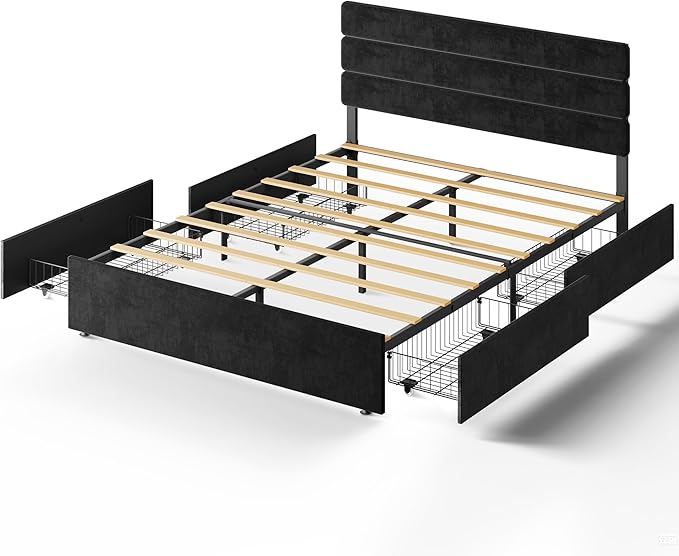 WLIVE Queen Size Upholstered Bed Frame with 4 Storage Drawers and Headboard, Velvet Platform Bedframe, Sturdy Metal & Wooden Slats Support, No Box Spring Needed, Easy Assembly, Black