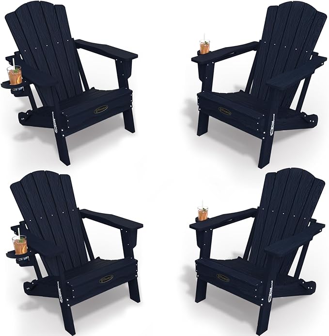 Adirondack Chair Set of 4, Folding All-Weather Outdoor HDPE Patio Chair with Cup Holder, Navy Blue