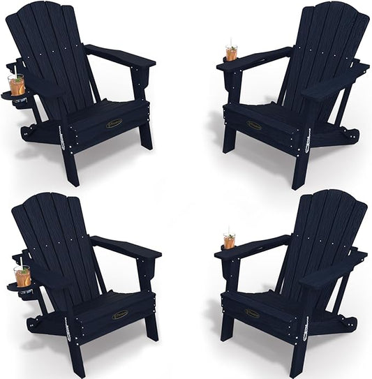 Adirondack Chair Set of 4, Folding All-Weather Outdoor HDPE Patio Chair with Cup Holder, Navy Blue