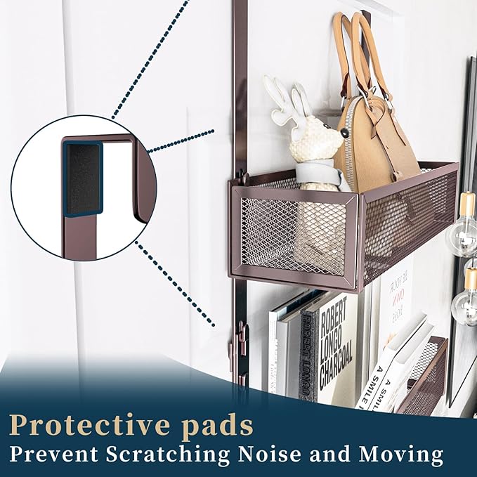 Consumest Over The Door Hooks Organizer - Extra Long Door Hanger with 9 Coat Hooks & 2 Mesh Basket, Back Storage Organizer Hanging Towels for Bathroom, Bedroom, Bronze (for 1.76in Doors)