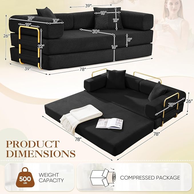 Antetek Convertible Futon Sofa Bed, 3-Seater Modern Corduroy Foam Floor King Size Bed Fold Out Sleeper Lounge Loveseat Sofa Couch with 2 Throw Pillows for Living Room Bedroom Guest Room, Black