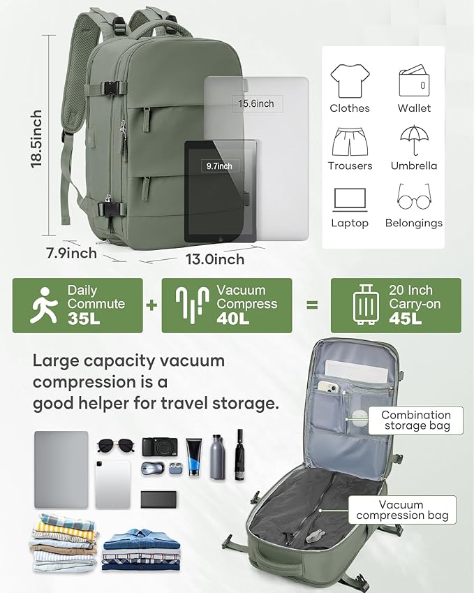 Vacuum Backpack Travel with Electric Vacpack Pump, Vacuum Compression Bags Travel Backpack for Women Men, Flight Approved Waterproof Carry on Backpacks Laptop Work Weekender Daypack, Large, Green