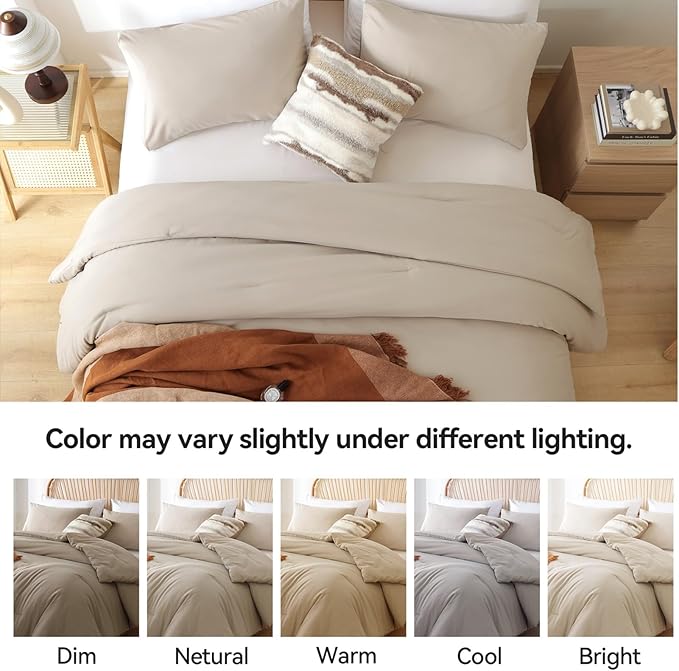 ROSGONIA Full Size Comforter Sets for Girls Boys Kids Light Khaki, 3pcs Comforter Full Size(1 Comforter & 2 Pillowcases) Lightweight Dorm Bedding Sets