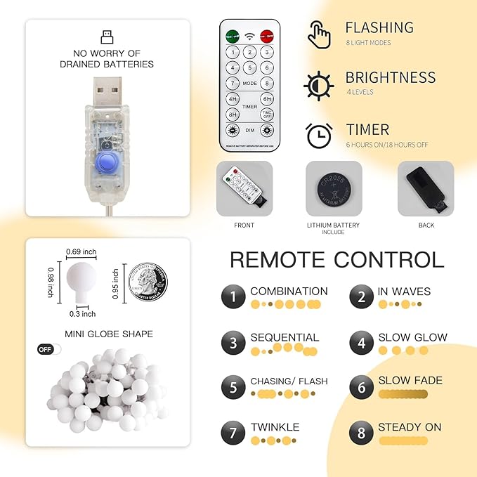 suddus Globe String Lights for Bedroom, 100 Led Fairy Lights Plug in, String Lights Indoor for Christmas Tree, Classroom, Wall, Window, Wedding, Party, Thanksgiving Decor, Warm White