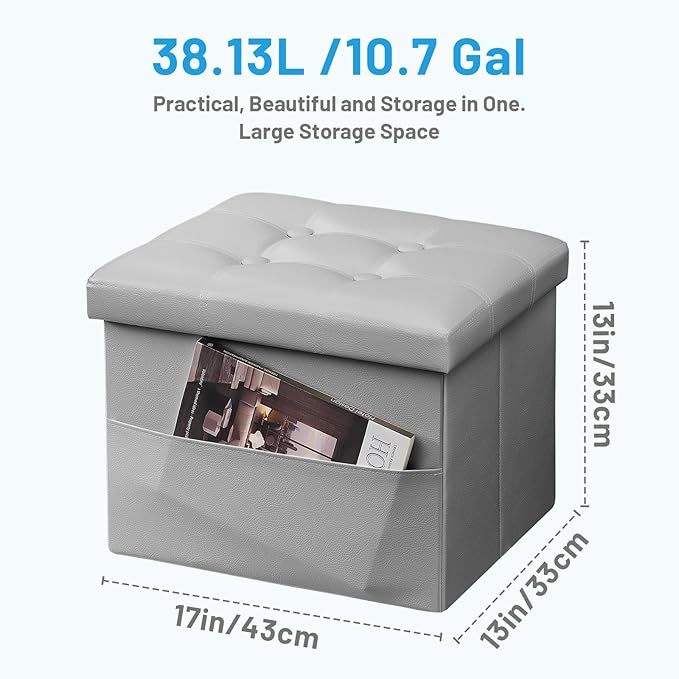 Storage Ottoman Foot Rest Stool, Small Leather Storage Ottomans Bench, Folding Footstool with Side Pockets, Foot Rest Under Desk for Living Room Bedroom, 17x13x13 in, Grey