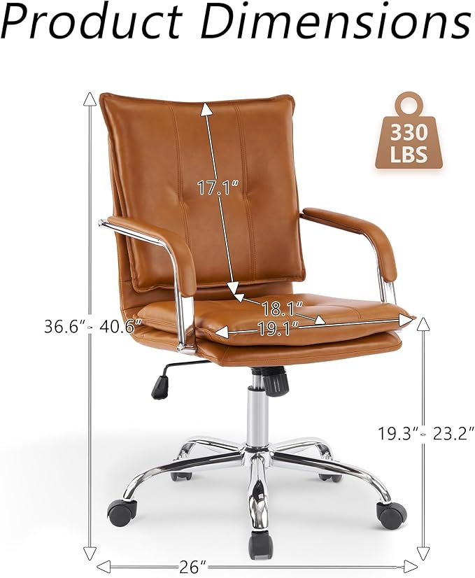 Mid-Back Ergonomic Leather Office Chair, Modern Upholstered Executive Desk Chair with Gold Frame Armrest Computer Task Chair (Camel &Silver Legs)