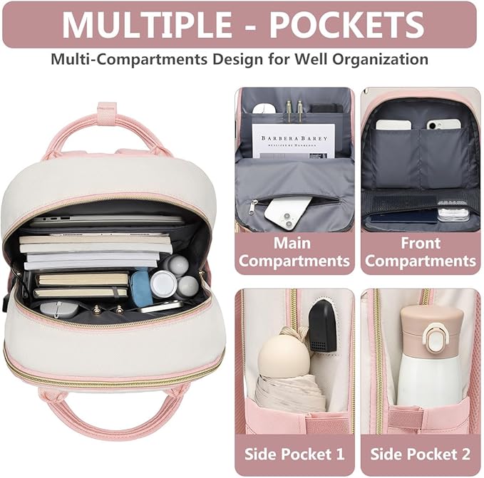 Laptop Backpack for Women Work - 15.6 Inch Travel Backpack Fashion Work Business Backpacks Purse Warterproof College Teacher Nurse Computer Daypack Beige Pink