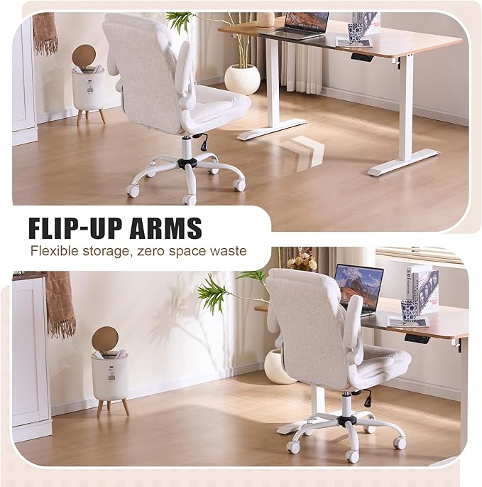 Executive Office Chair, Comfy Fabric Cloth Computer Chair Ergonomic Desk Chairs with Flip-up Armrests, Lumbar Support, 360° Swivel and Rocking Function for Home Office Chairs, White