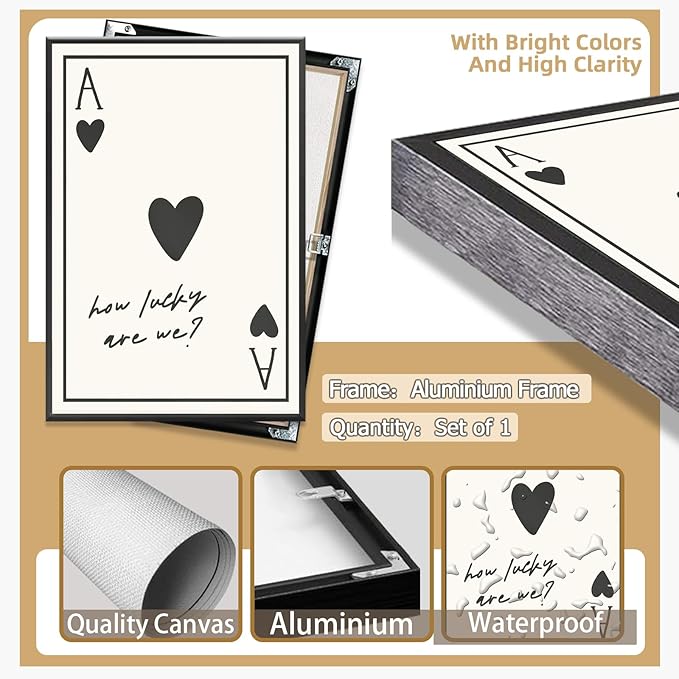 Vintage How Lucky Are We Wall Art Trendy Poker Posters Minimalist Ace of Hearts Decor Funny Inspirational Quotes Canvas Prints Lucky You Pictures for Dorm Home Aesthetic 24x36in Metal Black Frame
