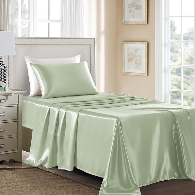 Satin Sheets Twin Size - 3 Pieces Luxury Silky Soft Bed Sheets, Wrinkle-Free Sage Green Satin Silk Sheet Set with 1 Deep Pocket Fitted Sheet, 1 Flat Sheet, 1 Pillow Case